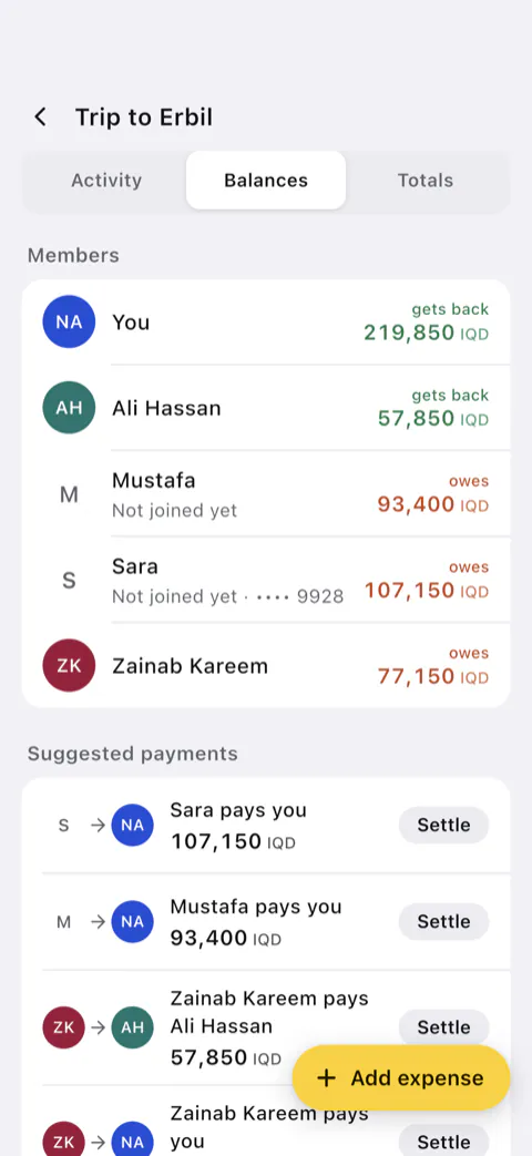 A group’s balances: who gets money back and who owes, with the suggested payments to settle up.