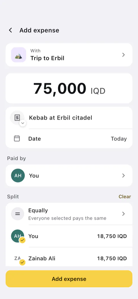 Adding an expense of 75,000 IQD, paid by you and split equally.