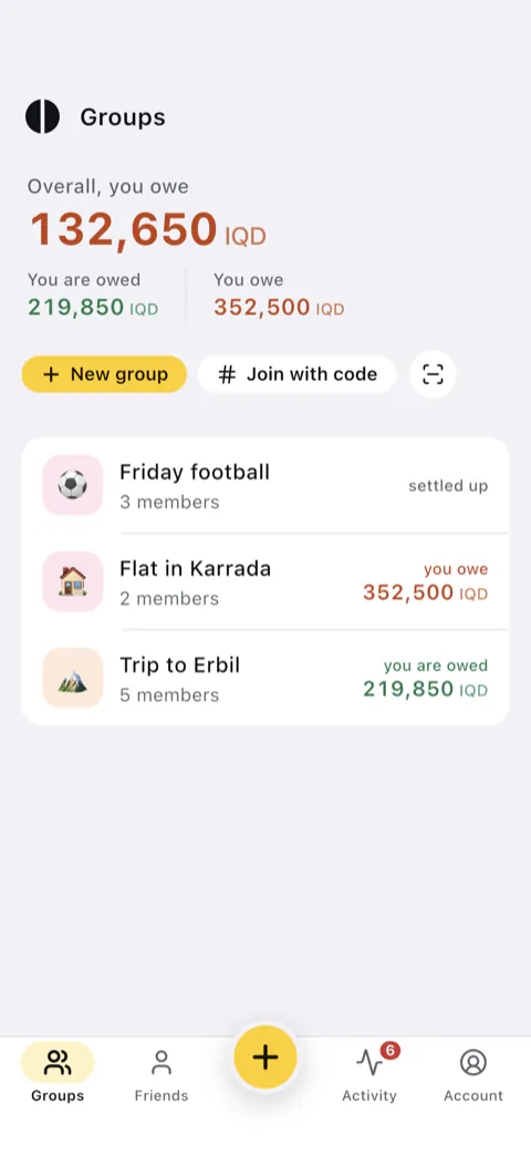 The Groups screen: your overall balance, and three groups with what you owe or are owed in each.
